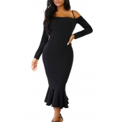 Trendy Falbala Design Black Polyester Sheath Mid C