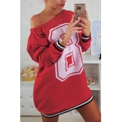 Casual Dew Shoulder Printed Red Polyester Mini Dre