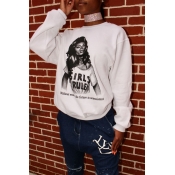 Leisure Round Neck Printed White Cotton Hoodies