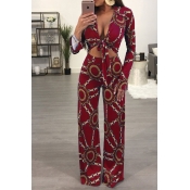 Sexy Printed Wine Red Cotton Blends Two-piece Pant