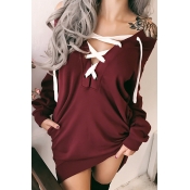 Leisure V Neck Lace-up Hollow-out Jujube-red Polye