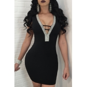 Sexy V Neck Hollow-out Black Polyester Sheath Mini