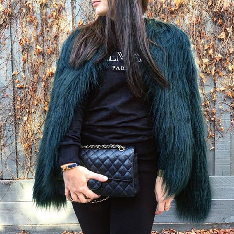 Fashionable Round Neck Long Sleeves Green Faux Fur Coat