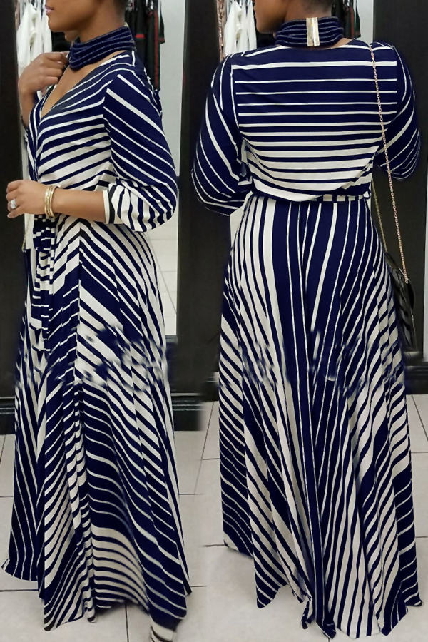 Causal V Neck Stripe Printed Blue Healthy Fabric Ankle Length Dress(Without Necklace)