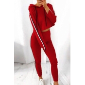 Casual Hooded Collar Striped Red Cotton Two-piece 