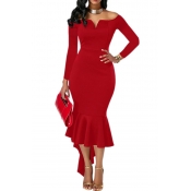 Sexy Bateau Neck Dovetail Shape Design Red Polyest