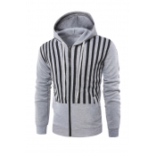 Fashionable Hooded Collar Striped Light Grey Cotto