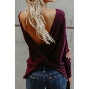 Sexy Round Neck Backless Red Polyester T-shirt