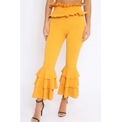 Trendy High Waist Falbala Design Yellow Polyester 
