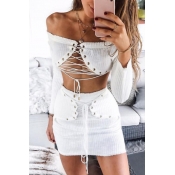Sexy Bateau Neck Lace-up White Cotton Two-piece Sk