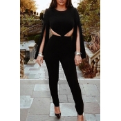 Sexy Round Neck Backless Black Polyester One-piece
