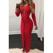 Sexy V Neck Lace-up Hollow-out Red Polyester Ankle