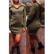 Leisure Long Sleeves Zipper Design Army Green Poly