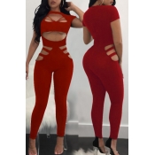 Sexy Round Neck Hollow-out Red Polyester One-piece