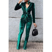 Fashion Turndown Collar Drawstring Green Velvet Tw