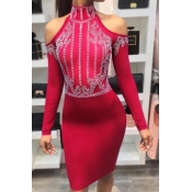 Sexy Turtleneck Hot Drilling Decorative Red Polyes