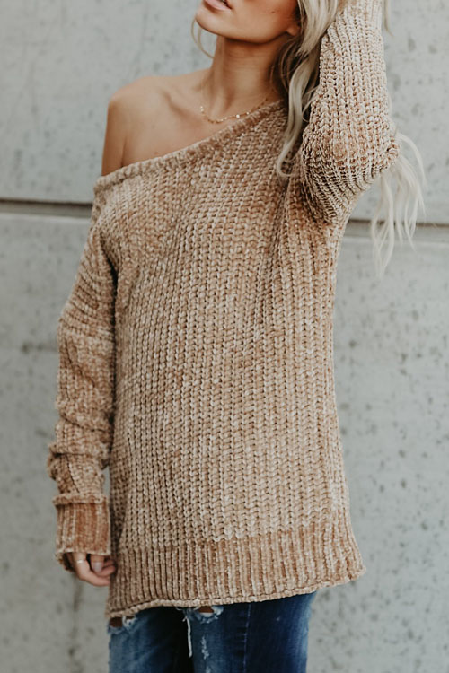 Lovely Casual Round Neck Long Sleeves Khaki Knitting Sweaters