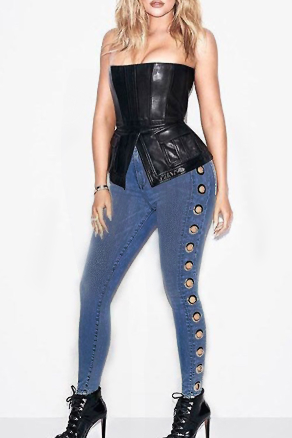 Fashion Mid Waist Eyelets Design Blue Denim Pants