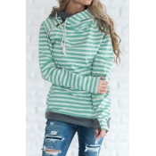 Lovely Casual Hooded Collar Striped Green Cotton B