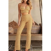 Casual V Neck Striped Printed Yellow Polyester Two