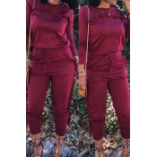 Casual Round Neck Ruffle Design Wine Red Blending 