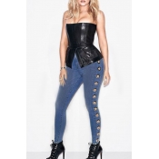 Fashion Mid Waist Eyelets Design Blue Denim Pants