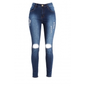 Fashion Mid Waist Broken Holes Blue Denim Zipped J