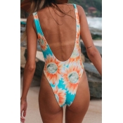 Lovely Sexy U Neck Floral Printed Backless Blue Po
