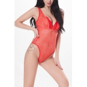 Lovely Sexy See-Through Hollow-out Red Lace One-pi