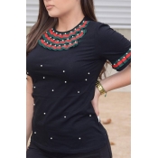 Lovely Casual Round Neck Short Sleeves Pearl Decor