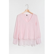 Lovely Fashion V Neck Button Decorative Lace Splic