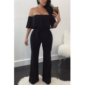 Lovely Fashion Dew Shoulder Ruffle Design Black Po