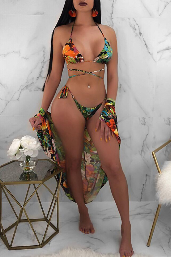 Lovely Sexy Lace-up Floral Printed Green Polyester Two-piece Swimwears(With Cover-ups)