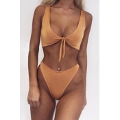 Lovely Sexy Knot Design Yellow Polyester Two-piece