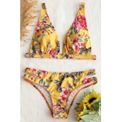 Lovely Sexy Backless Floral Printed Yellow Polyest