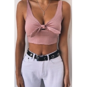 Lovely Trendy V Neck Bow Design Pink Polyester Tan