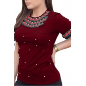 Lovely Casual Round Neck Short Sleeves Pearl Decor