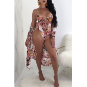 Lovely Sexy Lace-up Leaf Printed Pink One-piece Sw