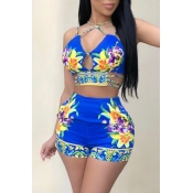 Lovely Sexy V Neck Lace-up Floral Printed Royalblu