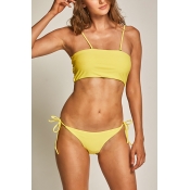 Lovely Chic Lace-up Yellow Spandex Two-piece Swimw
