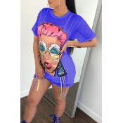 Lovely Chic Round Neck See-Through Cartoon Printed