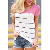 Lovely Casual Round Neck Striped Patchwork Pink Co