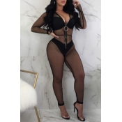 Lovely Sexy V Neck See-Through Black Gauze One-pie