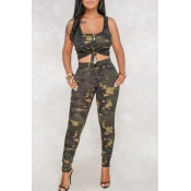 Lovely Casual U Neck Camouflage Printed Army Green