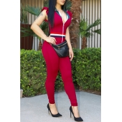 Lovely Casual Turndown Collar Patchwork Ruffle Red