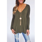 Lovely Casual V Neck Long Sleeves Green Cotton Ble