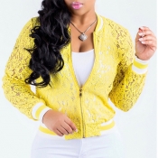 Lovely Retro V Neck Long Sleeves Hollow-out Yellow