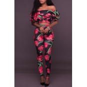 Lovely Nifty Bateau Neck Flounce Floral Printed Re