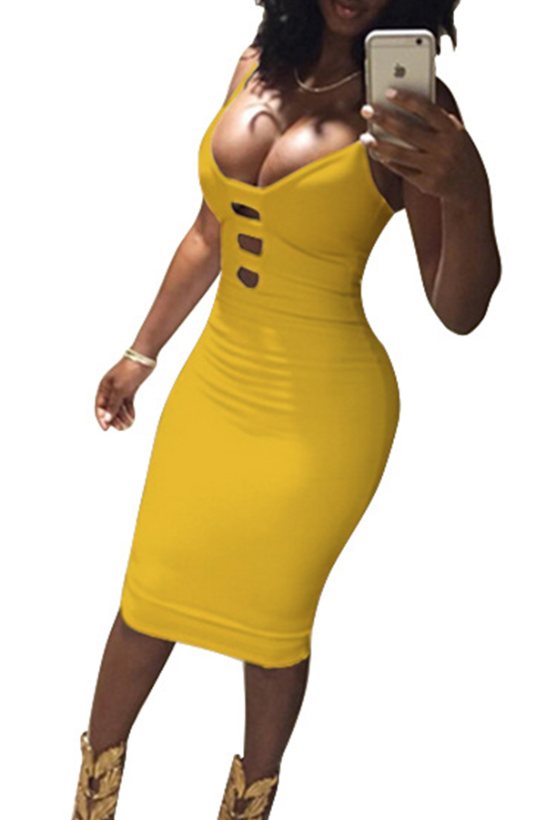 Lovely Sexy V Neck Spaghetti Strap Sleeveless Yellow Cotton Sheath Knee Length Women Dress
