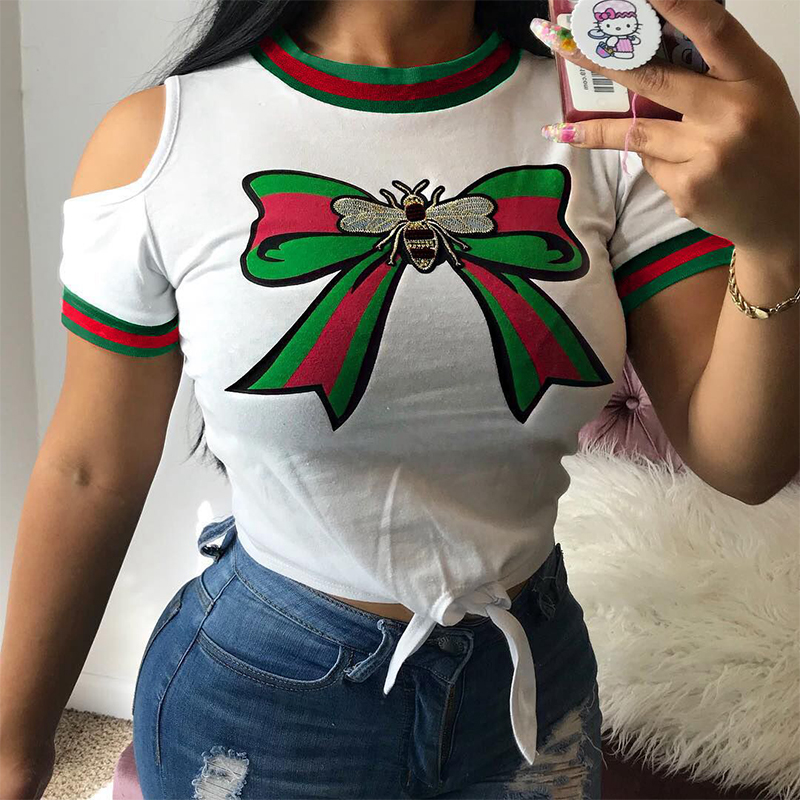 Lovely Casual Round Neck Bow Printed Cold-shoulder White Polyester T-shirt